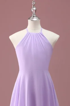 Lilás A Line Halter Ruched Junior Vestido Madrinha