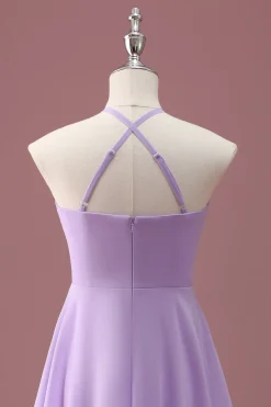 Lilás A Line Halter Ruched Junior Vestido Madrinha