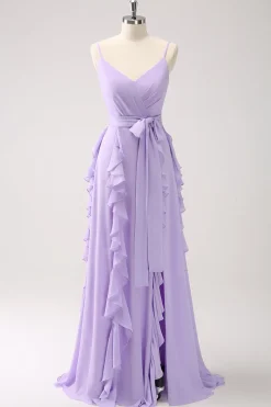 Lilás A-Line Chiffon babado vestido de dama de honra com fenda