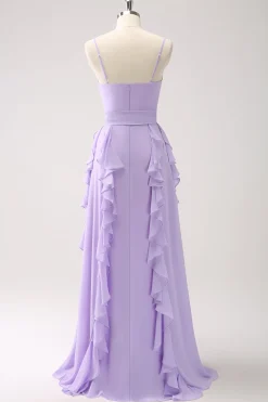 Lilás A-Line Chiffon babado vestido de dama de honra com fenda