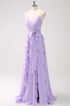 Lilás A-Line Chiffon babado vestido de dama de honra com fenda
