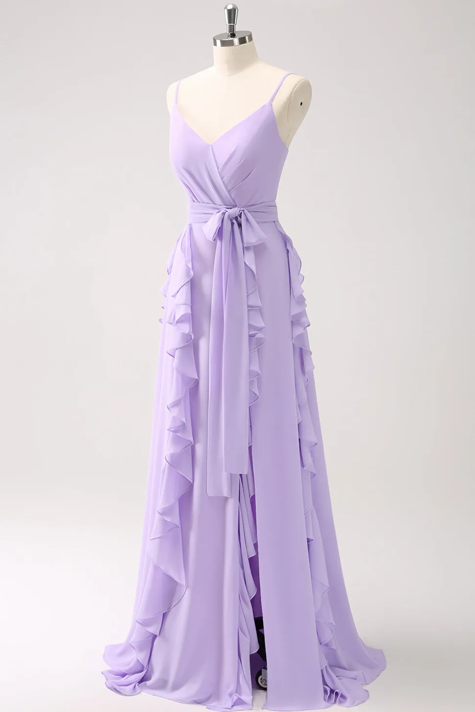Lilás A-Line Chiffon babado vestido de dama de honra com fenda
