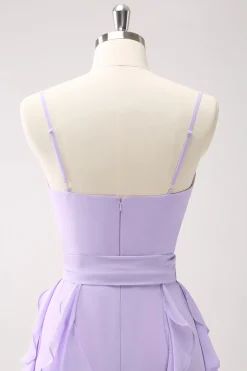 Lilás A-Line Chiffon babado vestido de dama de honra com fenda
