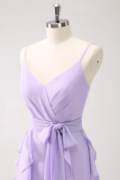 Lilás A-Line Chiffon babado vestido de dama de honra com fenda