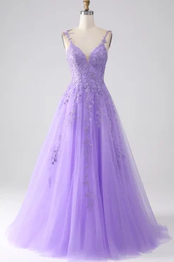 Lilás A-Line Esparguete Correias Vestido Longo de Baile com Apliques