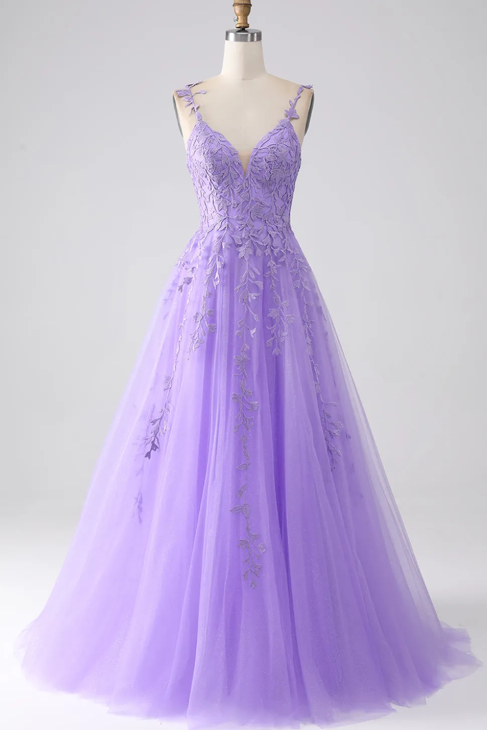 Lilás A-Line Esparguete Correias Vestido Longo de Baile com Apliques