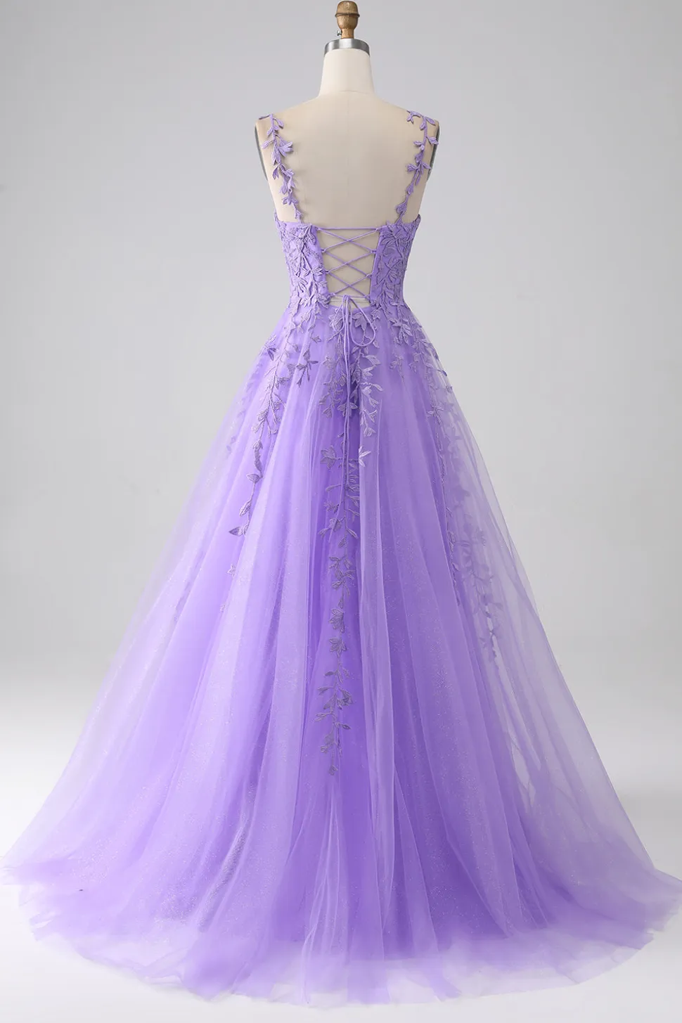 Lilás A-Line Esparguete Correias Vestido Longo de Baile com Apliques