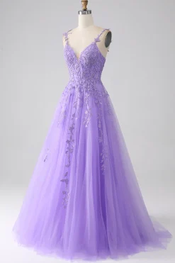 Lilás A-Line Esparguete Correias Vestido Longo de Baile com Apliques