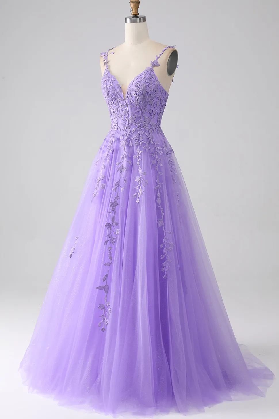 Lilás A-Line Esparguete Correias Vestido Longo de Baile com Apliques