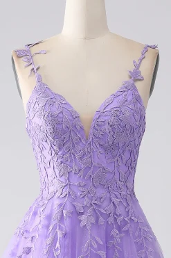Lilás A-Line Esparguete Correias Vestido Longo de Baile com Apliques