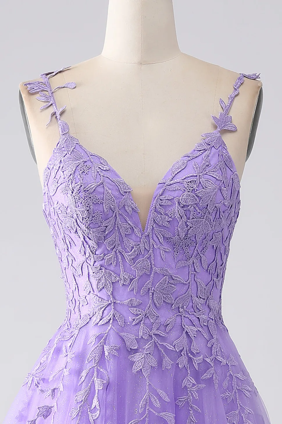 Lilás A-Line Esparguete Correias Vestido Longo de Baile com Apliques
