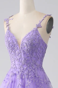 Lilás A-Line Esparguete Correias Vestido Longo de Baile com Apliques