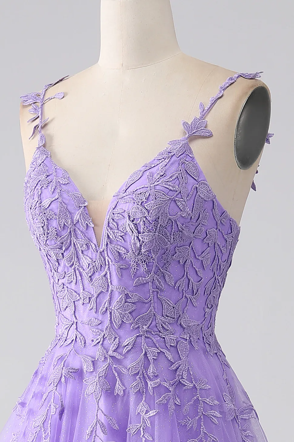 Lilás A-Line Esparguete Correias Vestido Longo de Baile com Apliques