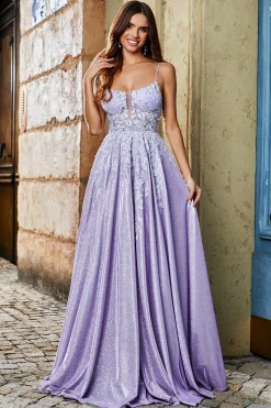Lilás A-Line Esparguete Correias Long Glitter Prom Dress Com Missangas