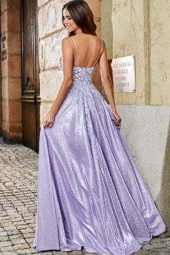 Lilás A-Line Esparguete Correias Long Glitter Prom Dress Com Missangas