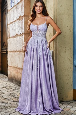 Lilás A-Line Esparguete Correias Long Glitter Prom Dress Com Missangas