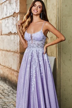 Lilás A-Line Esparguete Correias Long Glitter Prom Dress Com Missangas