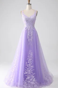 Lilás A-Line Esparguete Correias Tule Long Prom Dress com Apliques
