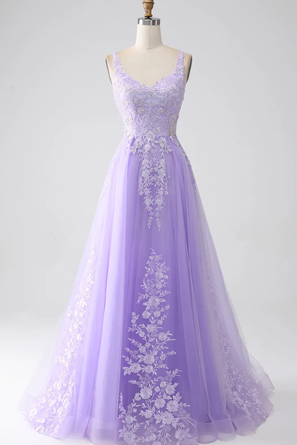Lilás A-Line Esparguete Correias Tule Long Prom Dress com Apliques