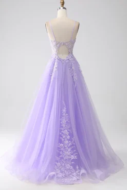Lilás A-Line Esparguete Correias Tule Long Prom Dress com Apliques