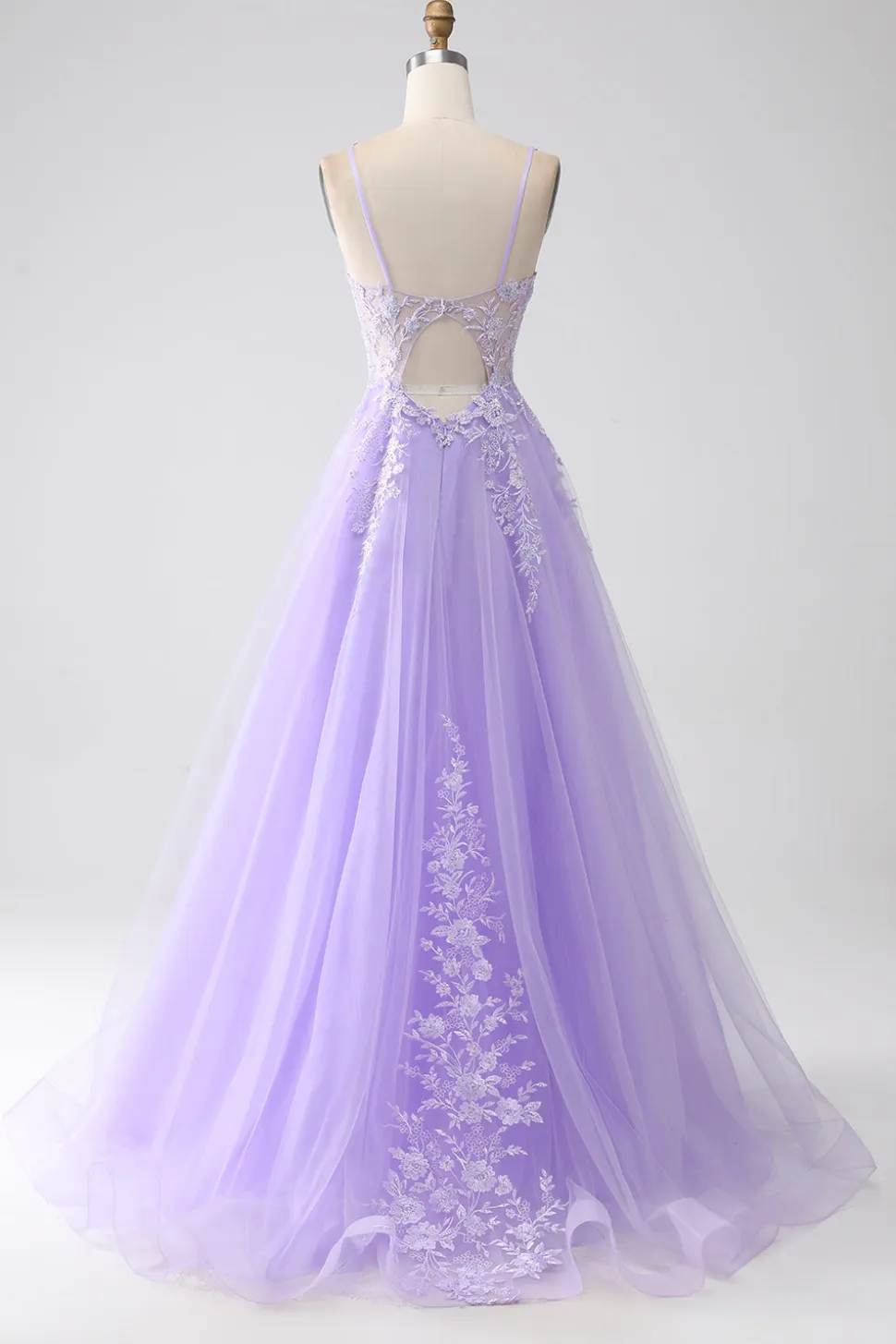 Lilás A-Line Esparguete Correias Tule Long Prom Dress com Apliques