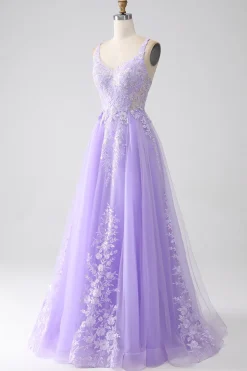 Lilás A-Line Esparguete Correias Tule Long Prom Dress com Apliques