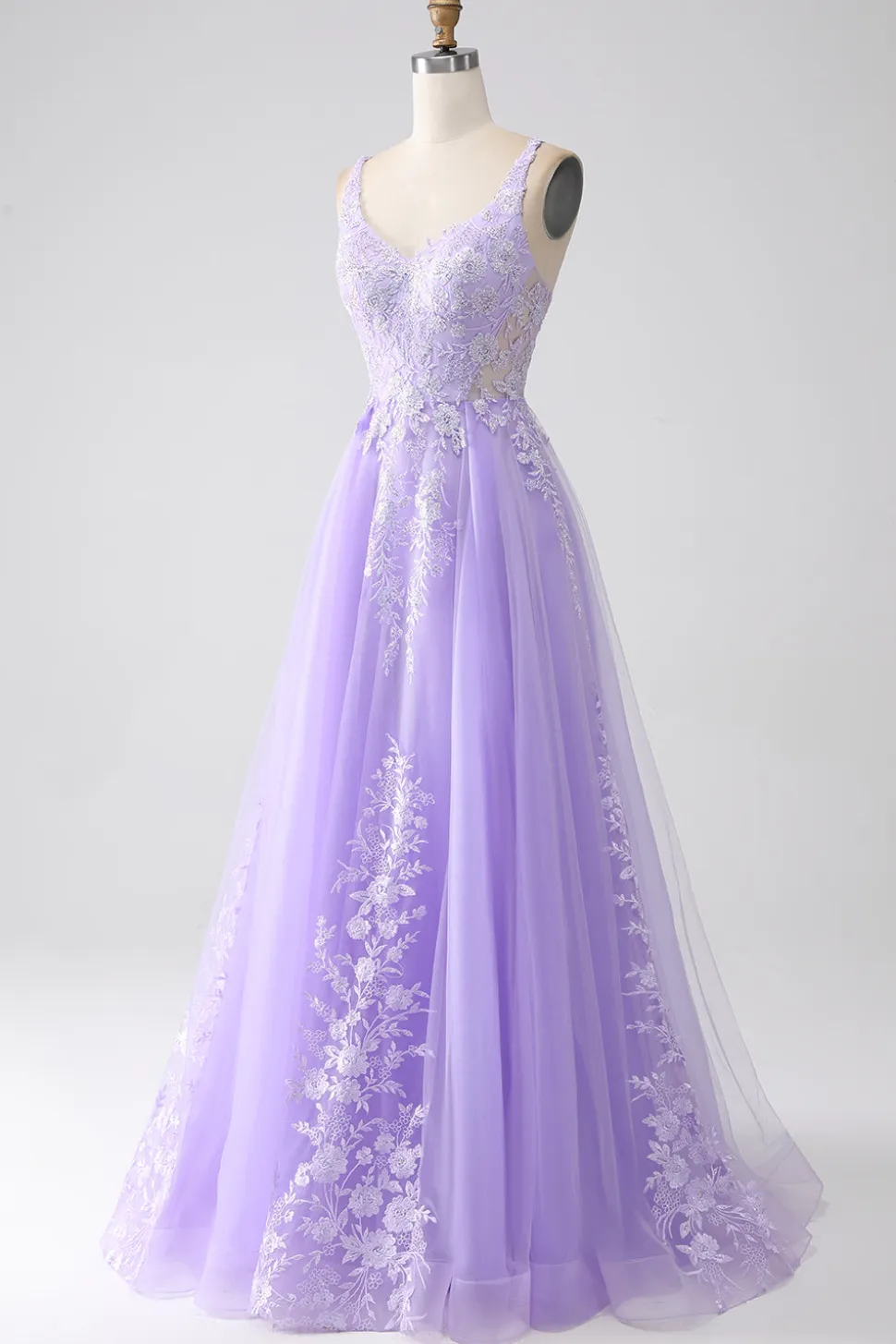 Lilás A-Line Esparguete Correias Tule Long Prom Dress com Apliques