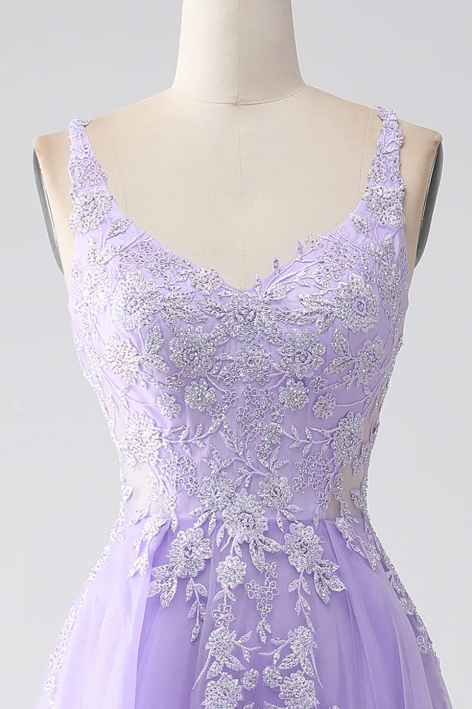 Lilás A-Line Esparguete Correias Tule Long Prom Dress com Apliques