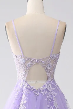 Lilás A-Line Esparguete Correias Tule Long Prom Dress com Apliques