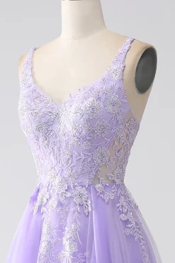 Lilás A-Line Esparguete Correias Tule Long Prom Dress com Apliques