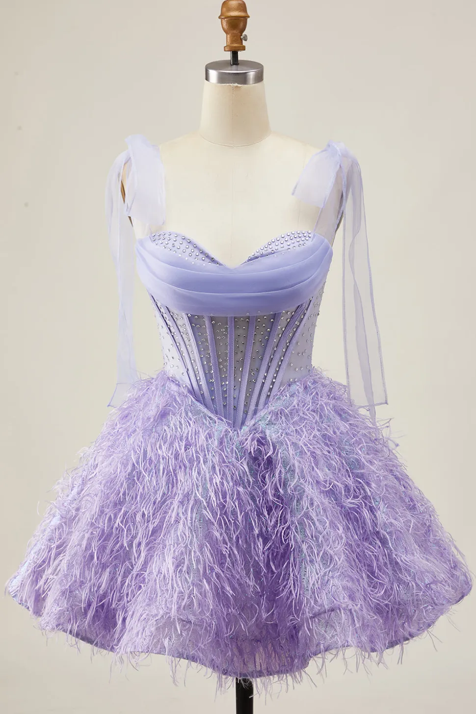 Lilás A-Line Esparguete Correias Corset frisado Vestido Curto Homecoming com Penas