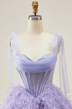 Lilás A-Line Esparguete Correias Corset frisado Vestido Curto Homecoming com Penas