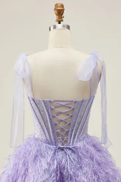 Lilás A-Line Esparguete Correias Corset frisado Vestido Curto Homecoming com Penas
