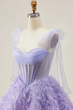 Lilás A-Line Esparguete Correias Corset frisado Vestido Curto Homecoming com Penas