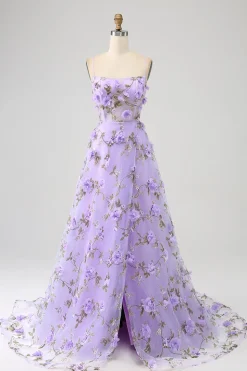 Lilás A-Line Esparguete Correias Vestido Longo Baile de Formatura com Flores 3D