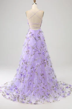 Lilás A-Line Esparguete Correias Vestido Longo Baile de Formatura com Flores 3D