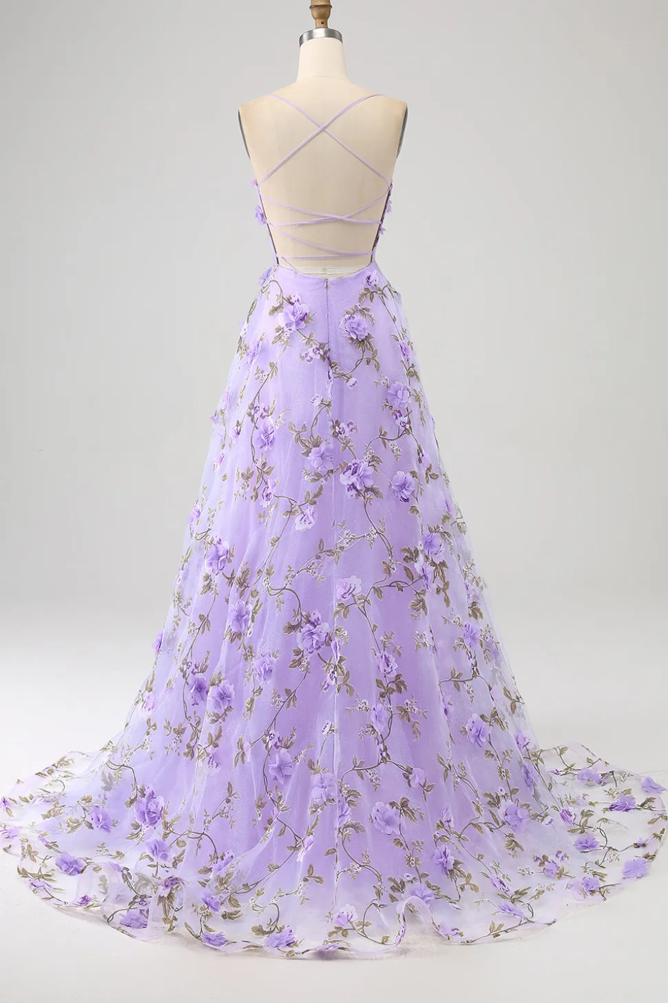 Lilás A-Line Esparguete Correias Vestido Longo Baile de Formatura com Flores 3D