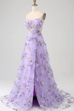 Lilás A-Line Esparguete Correias Vestido Longo Baile de Formatura com Flores 3D
