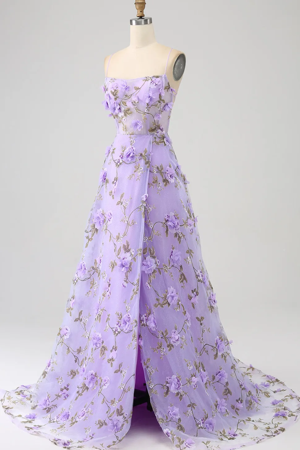 Lilás A-Line Esparguete Correias Vestido Longo Baile de Formatura com Flores 3D