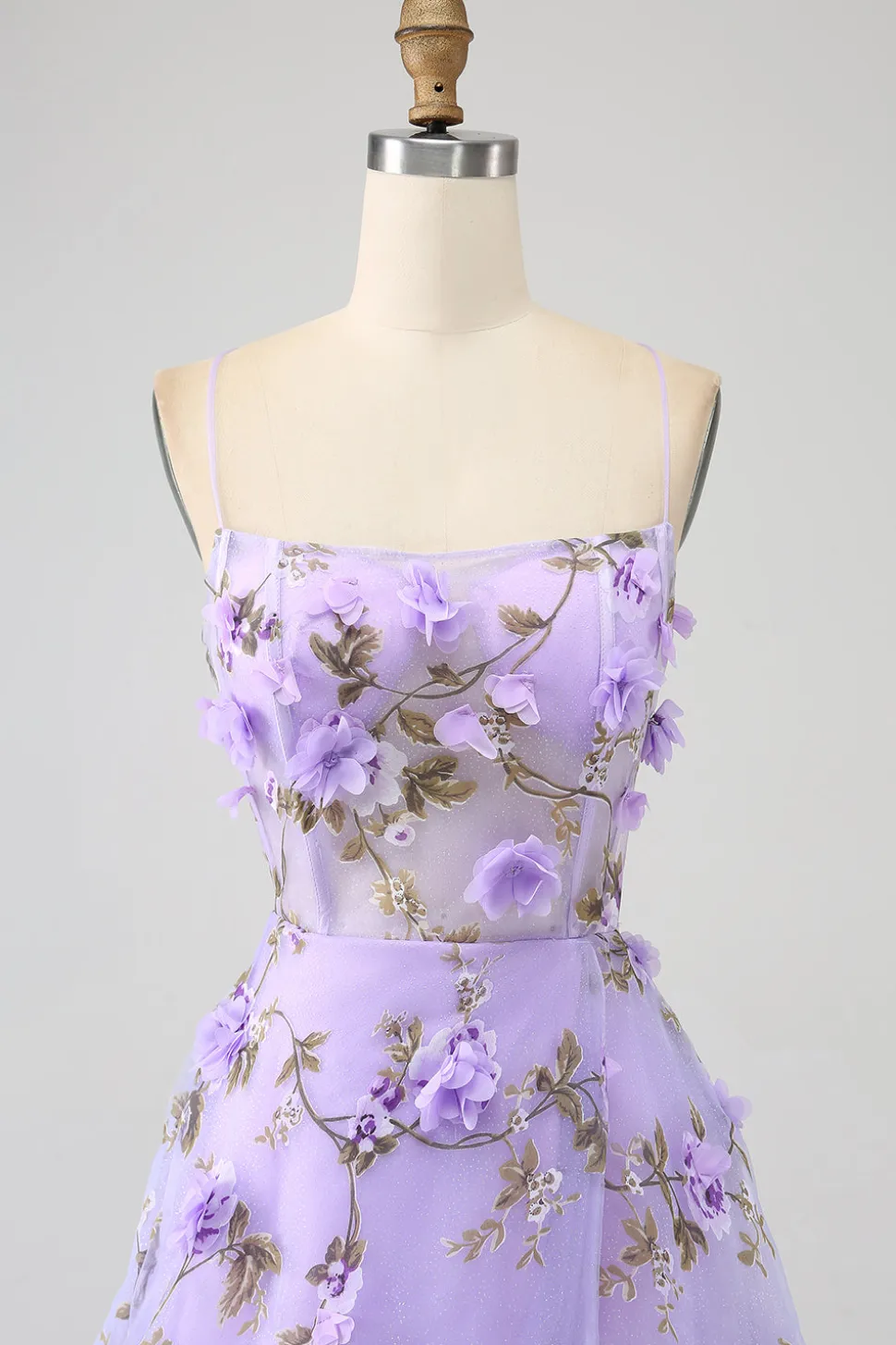 Lilás A-Line Esparguete Correias Vestido Longo Baile de Formatura com Flores 3D