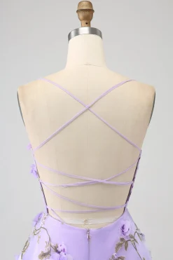 Lilás A-Line Esparguete Correias Vestido Longo Baile de Formatura com Flores 3D