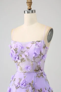 Lilás A-Line Esparguete Correias Vestido Longo Baile de Formatura com Flores 3D