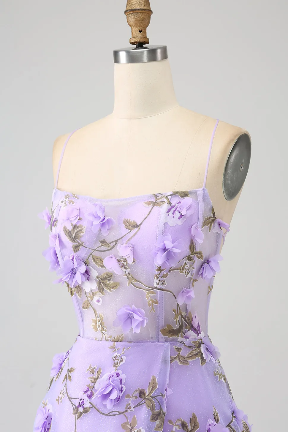Lilás A-Line Esparguete Correias Vestido Longo Baile de Formatura com Flores 3D