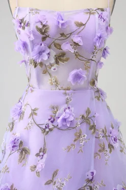 Lilás A-Line Esparguete Correias Vestido Longo Baile de Formatura com Flores 3D