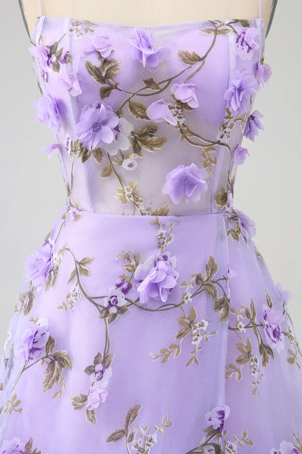 Lilás A-Line Esparguete Correias Vestido Longo Baile de Formatura com Flores 3D