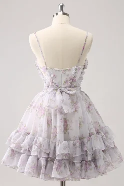 Lilás A-Line Estampas Florais Ruffled Tiered Tulle Homecoming Dress