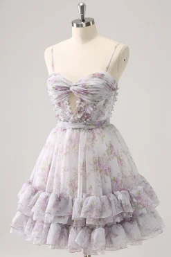 Lilás A-Line Estampas Florais Ruffled Tiered Tulle Homecoming Dress