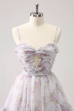 Lilás A-Line Estampas Florais Ruffled Tiered Tulle Homecoming Dress