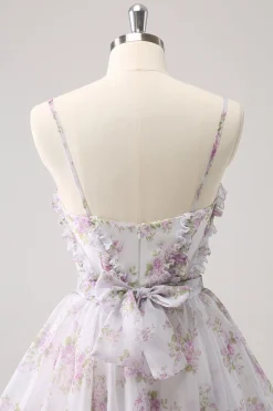 Lilás A-Line Estampas Florais Ruffled Tiered Tulle Homecoming Dress
