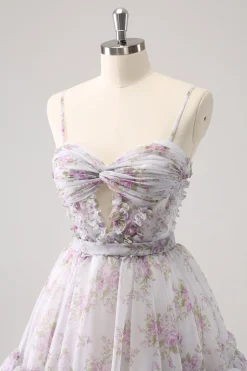 Lilás A-Line Estampas Florais Ruffled Tiered Tulle Homecoming Dress